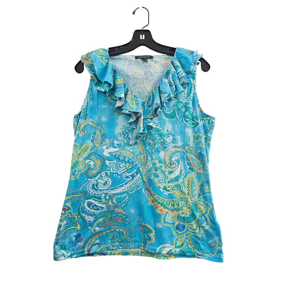 Lauren Ralph Lauren Top Womens M Blue Paisley Ruffle V-Neck Cotton Sleeveless